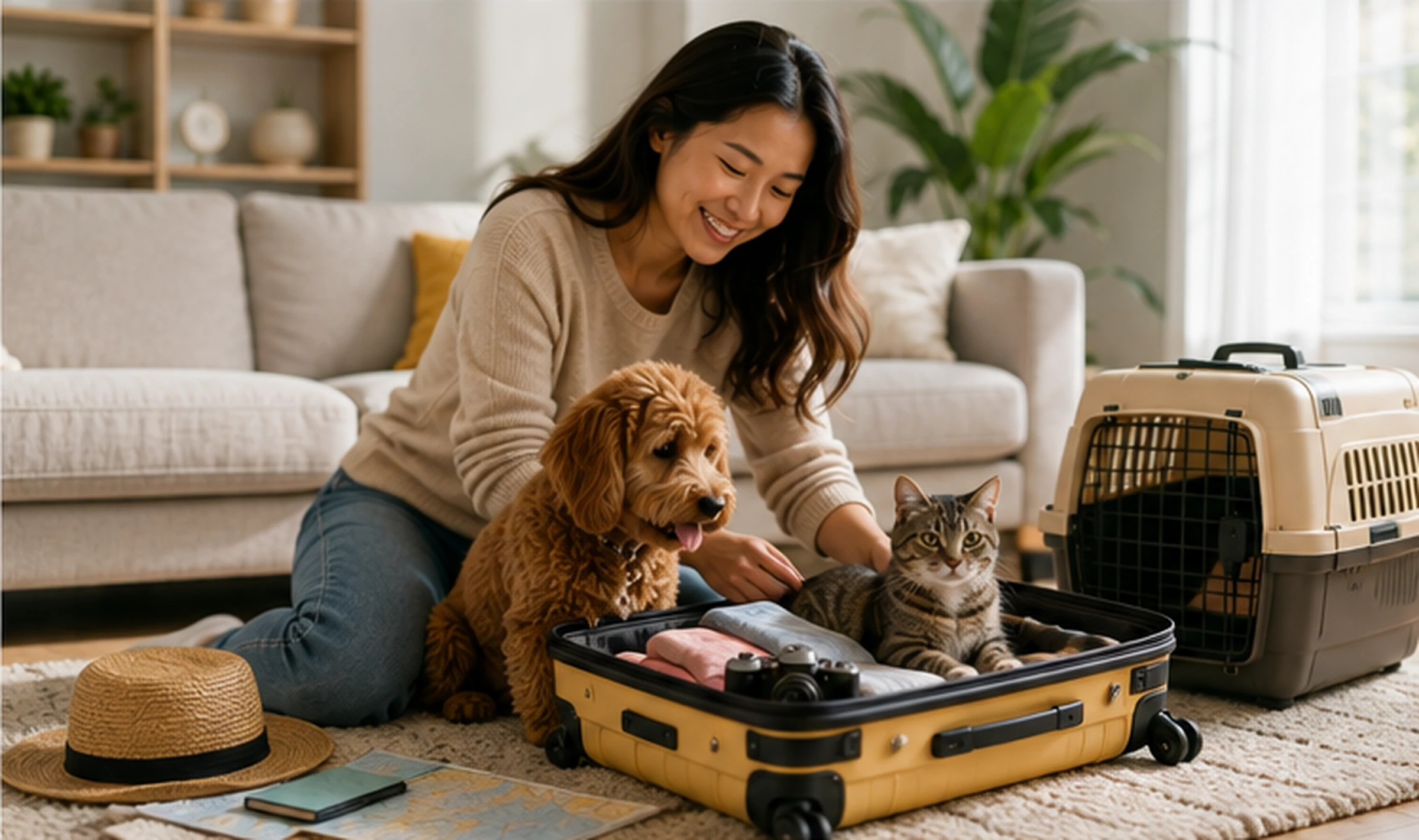 A pet owner packing for a trip with her dog and her cat