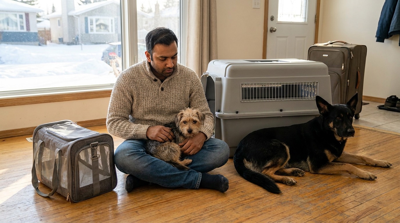 A man sits between a small pet carrier and a large travel kennel with a terrier in his lap and a shepherd mix beside him (AI-generated image)