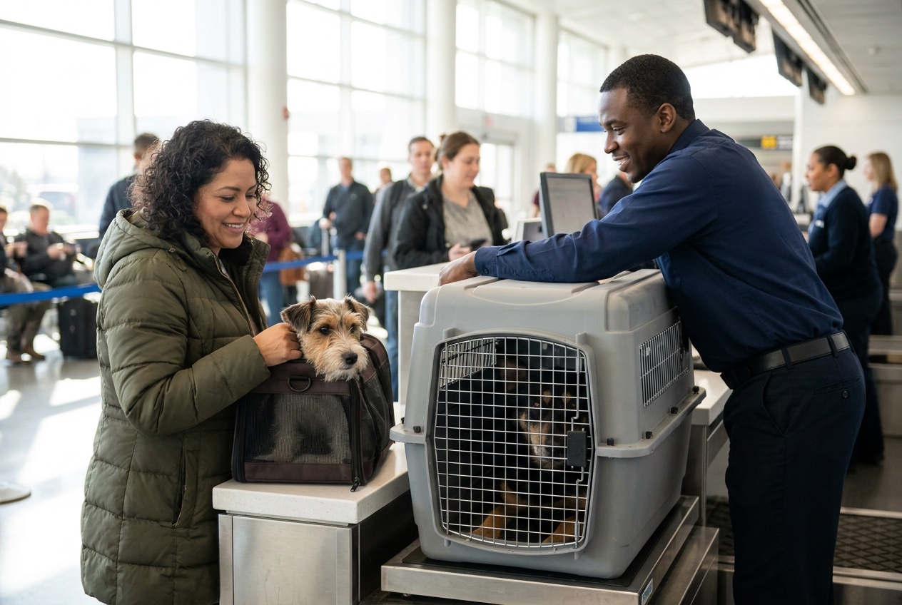 At airport check-in, a woman holds her terrier in a soft carrier while her shepherd mix waits in a large kennel on the baggage scale. AI-generated image.