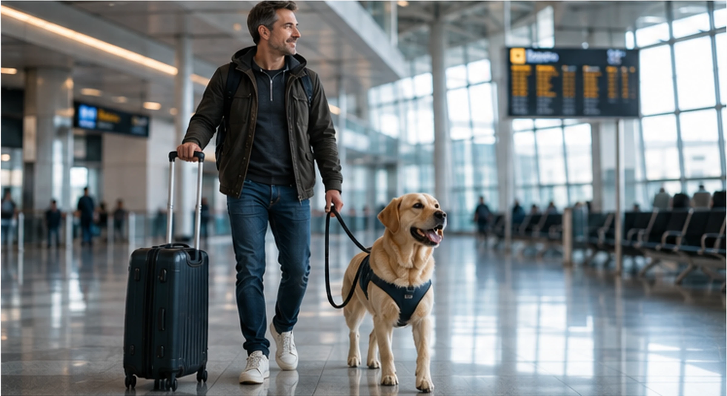 A traveller walking through an airport terminal with his labrador