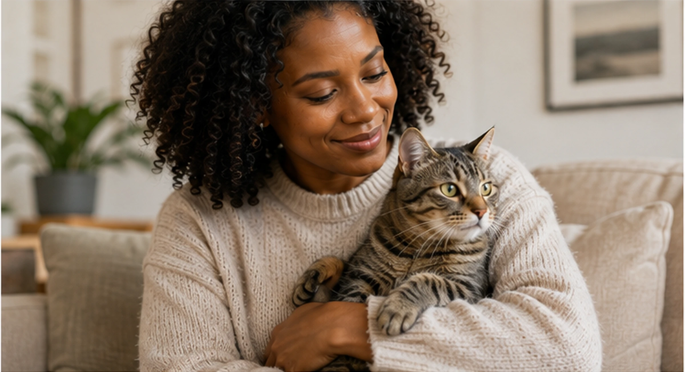 A woman at home holding her tabby cat