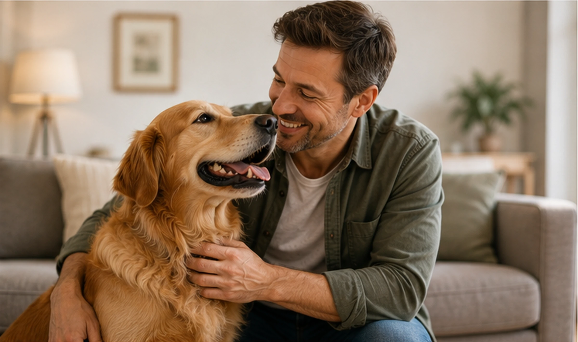 A man at home with his golden retriever